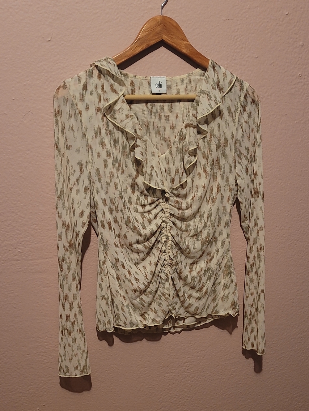 CAbi Cream Long-Sleeve Ruffled Ruched Blouse with Tan Print